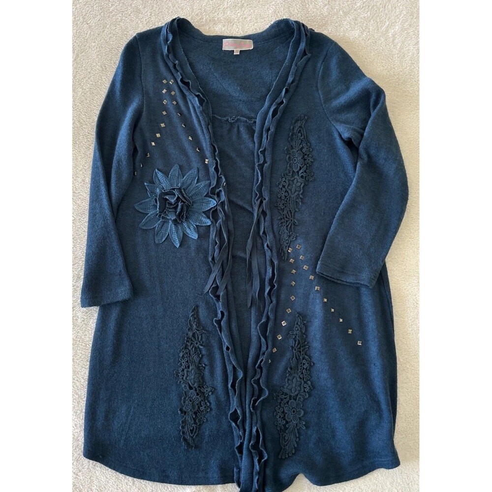 Pretty Angel Boho Duster Cardigan  Linen Blend Blue Floral Lace Appliqué Size S - Picture 9 of 12